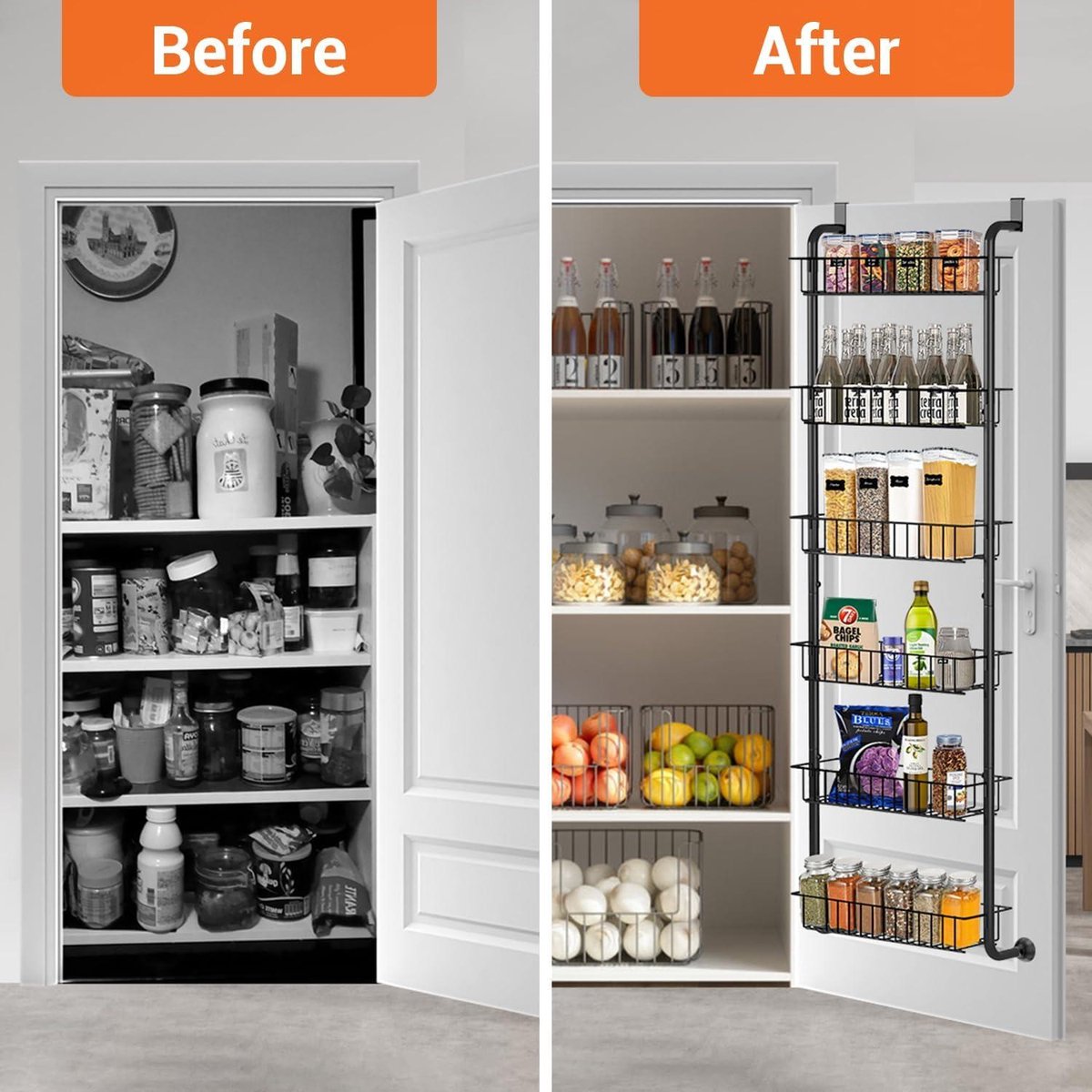 6-Tier Over-the-Door Pantry Organizer Rack - Strong Metal - Hanging Spice Rack - Wall Mount Storage - Kitchen Dining Bathroom Bedroom - Black Hanging Spice Rack