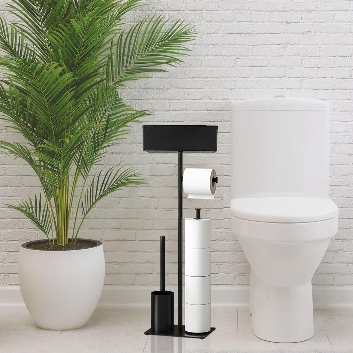 Toilet Paper Holder with Toilet Brush - Black Stainless Steel - Wet Wipes Box - Standing Paper Holder for Kitchen and Bathroom Toilet Butler