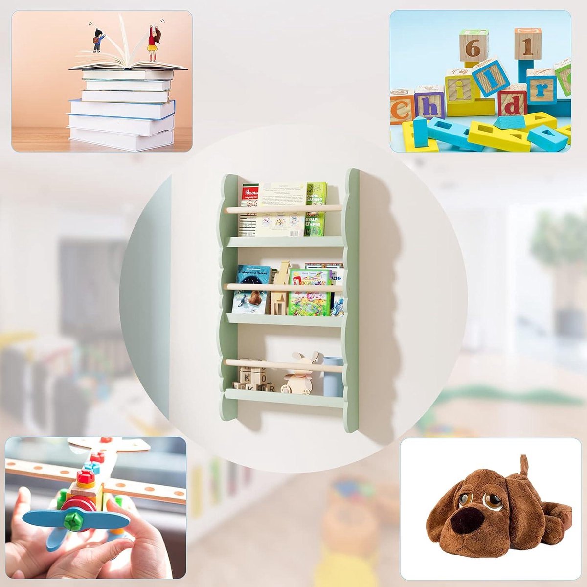 Children's bookcase wall shelf with 3 shelves - storage for books - pine wood E1 MDF - journey to the forest - children's room playroom toy cabinet