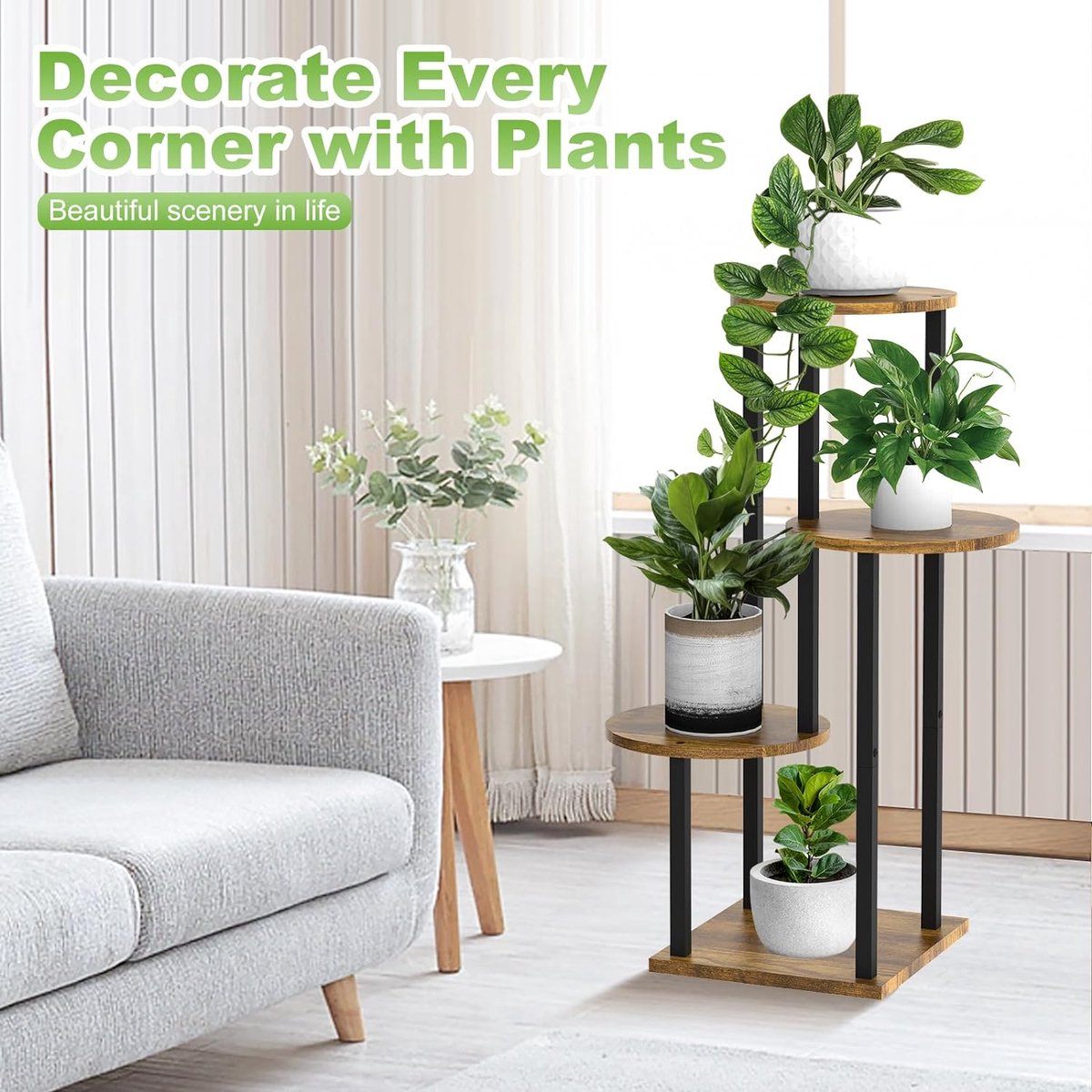 4-laags houten bloemenplank, metalen plantenplank, meerlaagse bloemenstandaard, plantenstandaard, bloemenbank, bloementrap, plantentrap, standaardplank voor binnen, buiten, tuin, balkondecoratie (rond zwart)