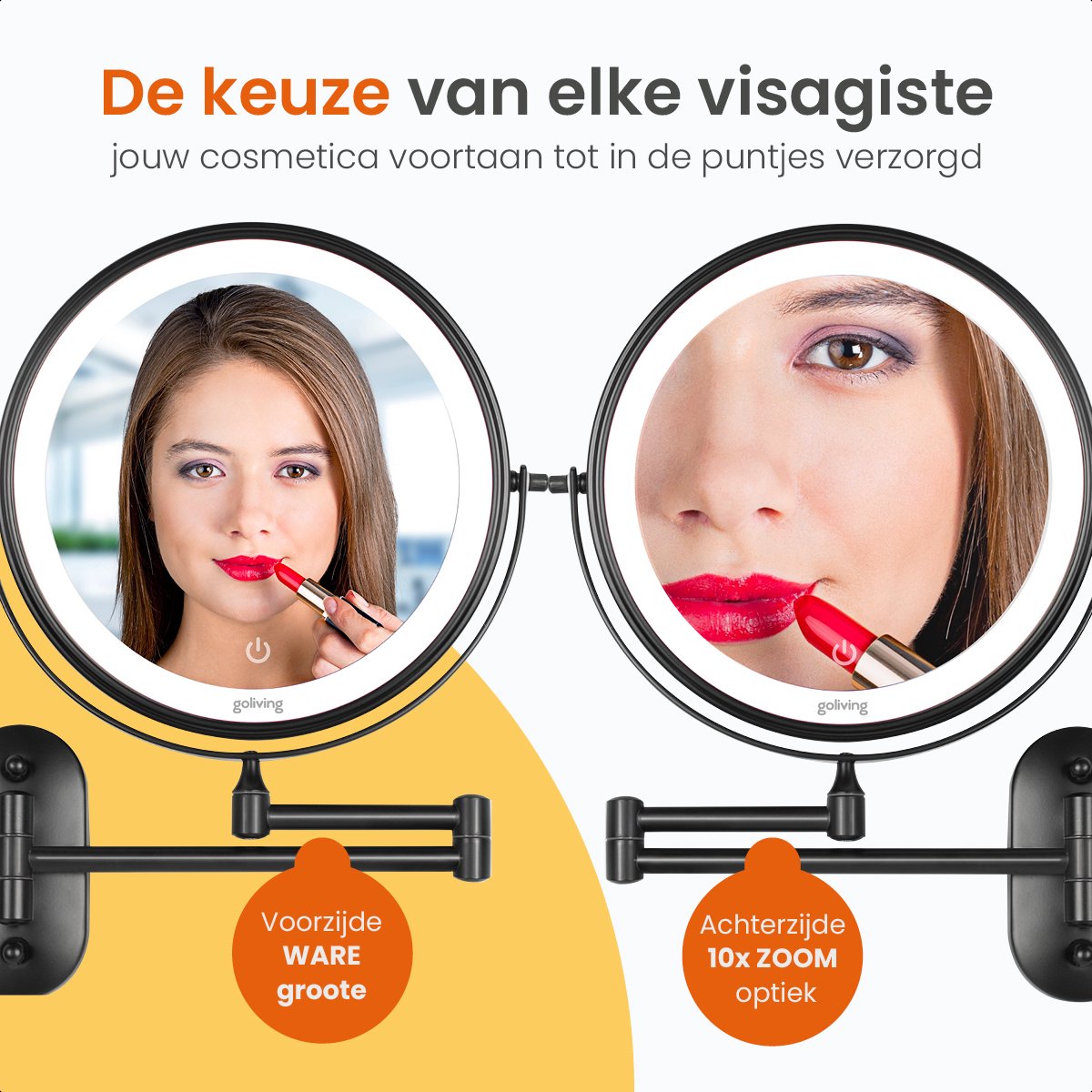 Goliving Make-up Mirror with Lighting - Ø25 cm - 10x Magnification - Dimmable Make-up Mirror - Shaving Mirror - LED Lighting - USB-C Rechargeable - Double-Sided - 27 x 27 cm - Black