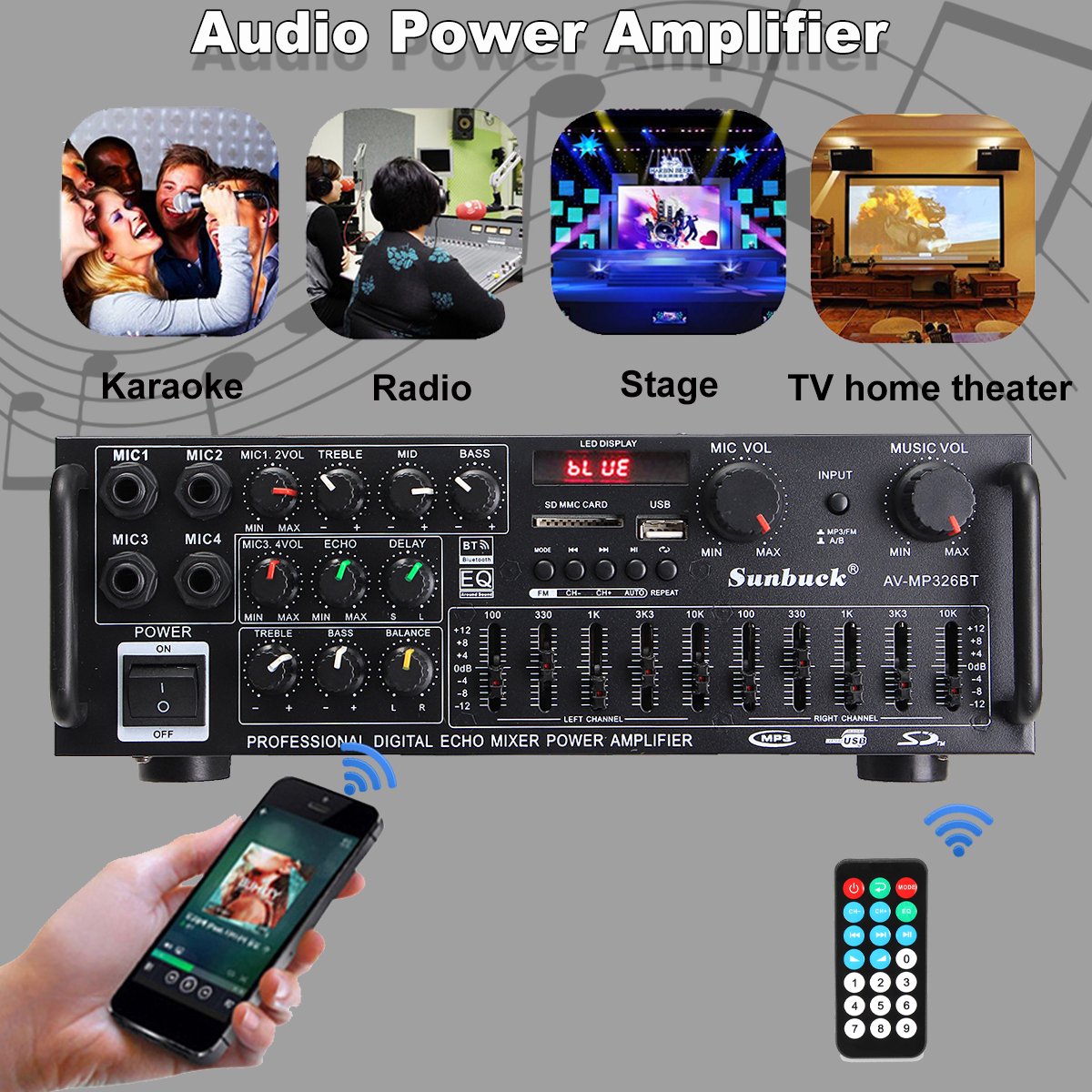 220V-240V Bluetooth Stereo Car Audio Versterkers-800W Auto Luidsprekers-met Afstandsbediening-Zwart