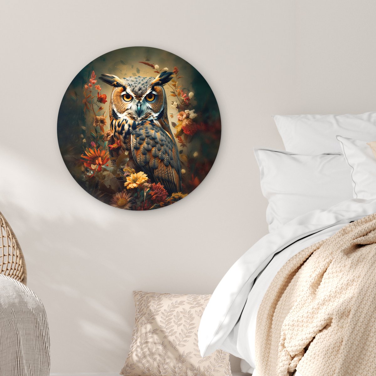 WallCircle® Muurcirkel 60x60 cm - Wandcirkel Uil - Vogel - Bloemen - Planten - Dieren - Botanisch - Muurdecoratie woonkamer - Wanddecoratie slaapkamer - Kamer decoratie accessoires - Ronde schilderijen - Woonaccessoires cirkel binnen