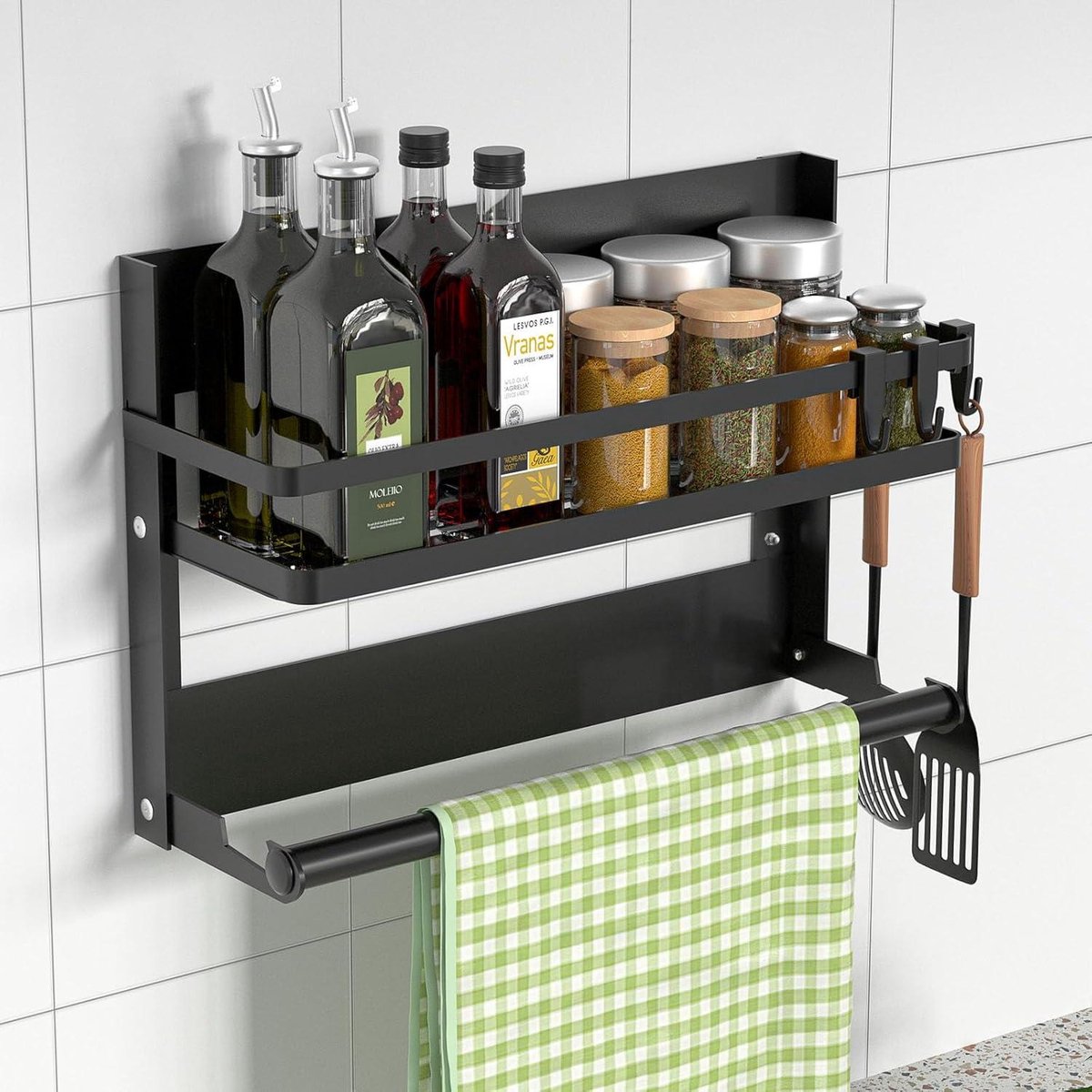 Spice rack - Hanging Kitchen Rack made of Stainless Steel - No Drilling - Black - 4 Hooks kitchen roll holder hanging