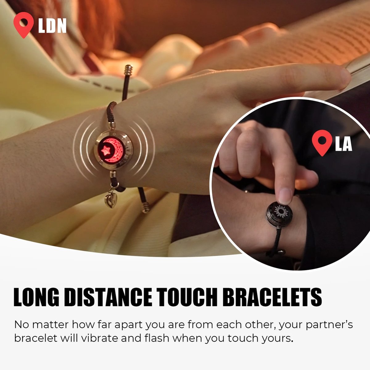 Twee Lange Afstand Touch Up En Tril Armbanden Voor Koppels, Lange Afstand Relatie Geschenken Slimme Zon & Maan Liefde Armband Valentijn Liefde Relatie Trouw Gadgets Met Prachtige Cadeau Box Doos Goud + Zwarte Armband