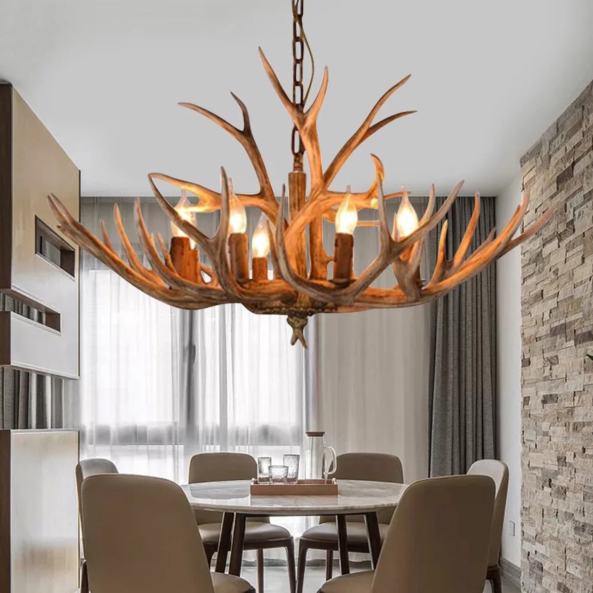 Roxana® Kroonluchter - Gewei - Hanglamp - LED - 6 Lichtbronnen - Lampen Inbegrepen - 220V - Keuken - Woonkamer - Hars - Slaapkamer - 66x45Cm