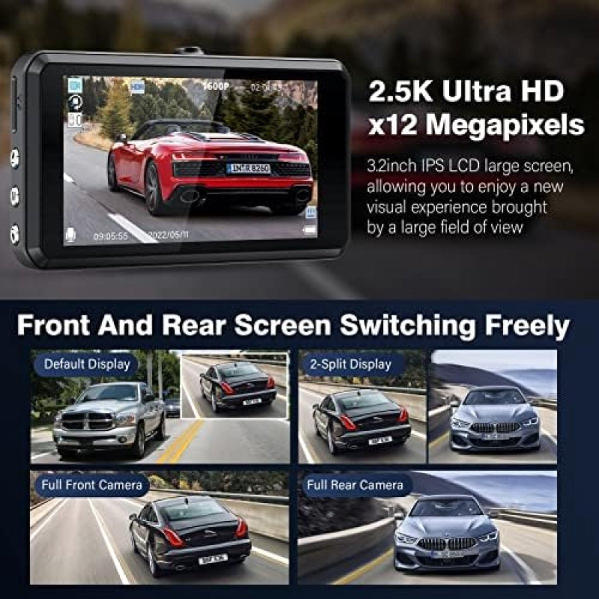 2.5K Dashcam voor in de auto, voor en achter, 64G SD-kaart, 1600P + 1080p FHD Dual Dashcam, 3,2 inch IPS-scherm, autocamera, 176° + 160° groothoek, G-sensor, nachtzicht, WDR
