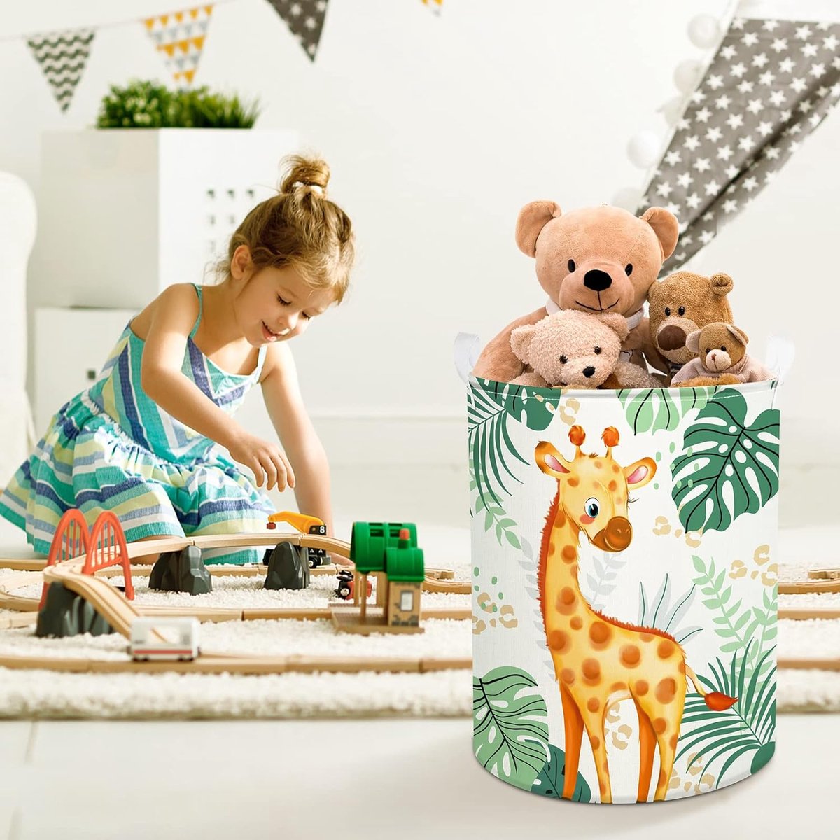 45L Leuke Groene Wasmand Baby met Giraffe, Vogels - Bosdieren Bladeren Ronde Wasmand Opvouwbaar - Perfecte Opbergmand voor de Kinderkamer om Speelgoed op te Bergen 36 x 45 cm