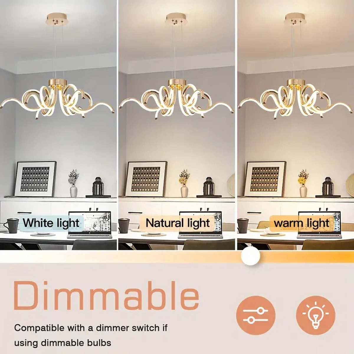 LuxiLamps - Spider Hanglamp - Goud - 60 cm - Kroonluchter - Licht In 3 Kleuren - Boven De Eettafel - LED Kroonluchter Verlichting - 50W