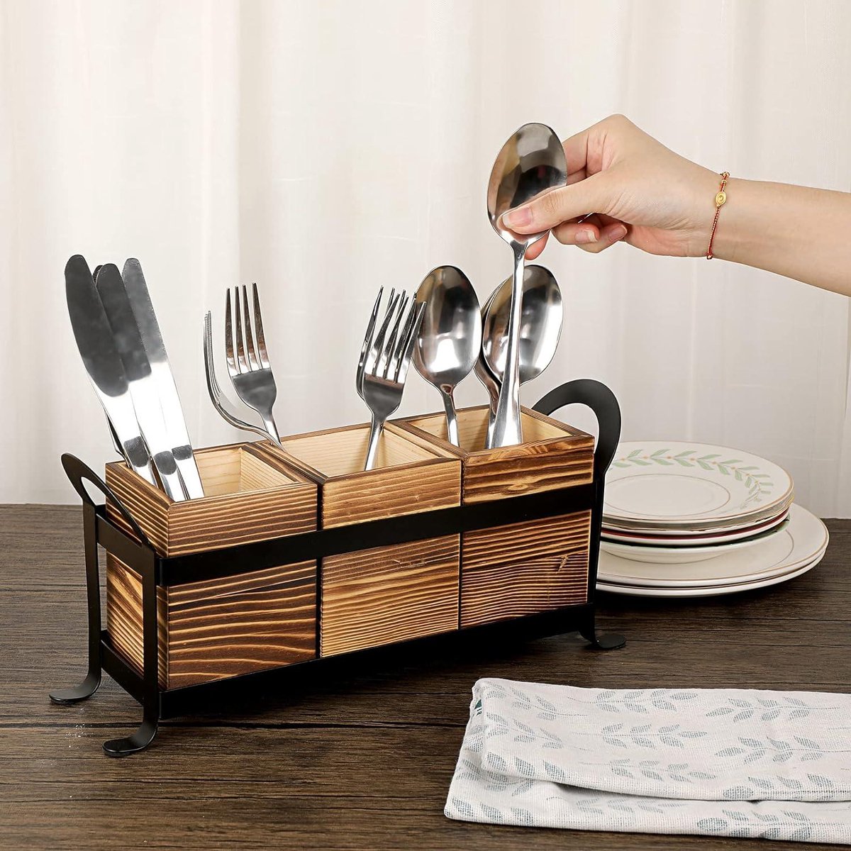 Bestekhouder Caddy met Metalen Lade - 3 Vakken Organizer voor Keuken Aanrecht - Multifunctionele Houten Opbergdoos
