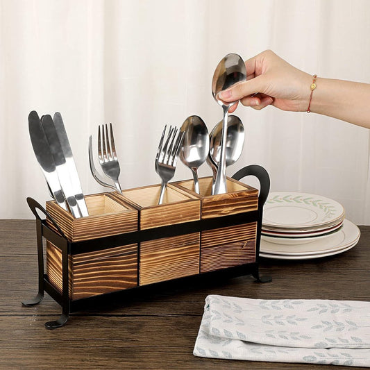 Bestekhouder Caddy met Metalen Lade - 3 Vakken Organizer voor Keuken Aanrecht - Multifunctionele Houten Opbergdoos