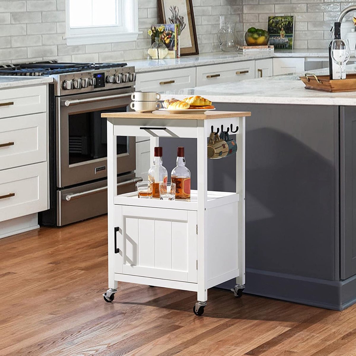 Kitchen cart on wheels, serving cart with cabinet and shelf, wooden worktop, rolling cart 55 x 45 x 89 cm, kitchen trolley in country style, white