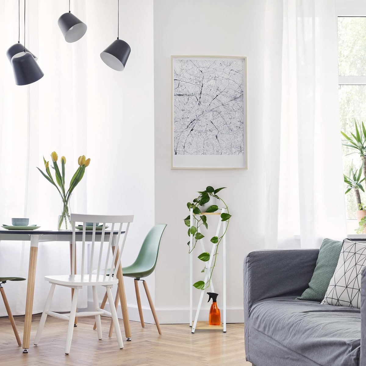 plantentafel binnen, 2 etages, houtlook, hoog, moderne plantenstandaard, HBD 99 x 29 x 29 cm, wit/lichtbruin