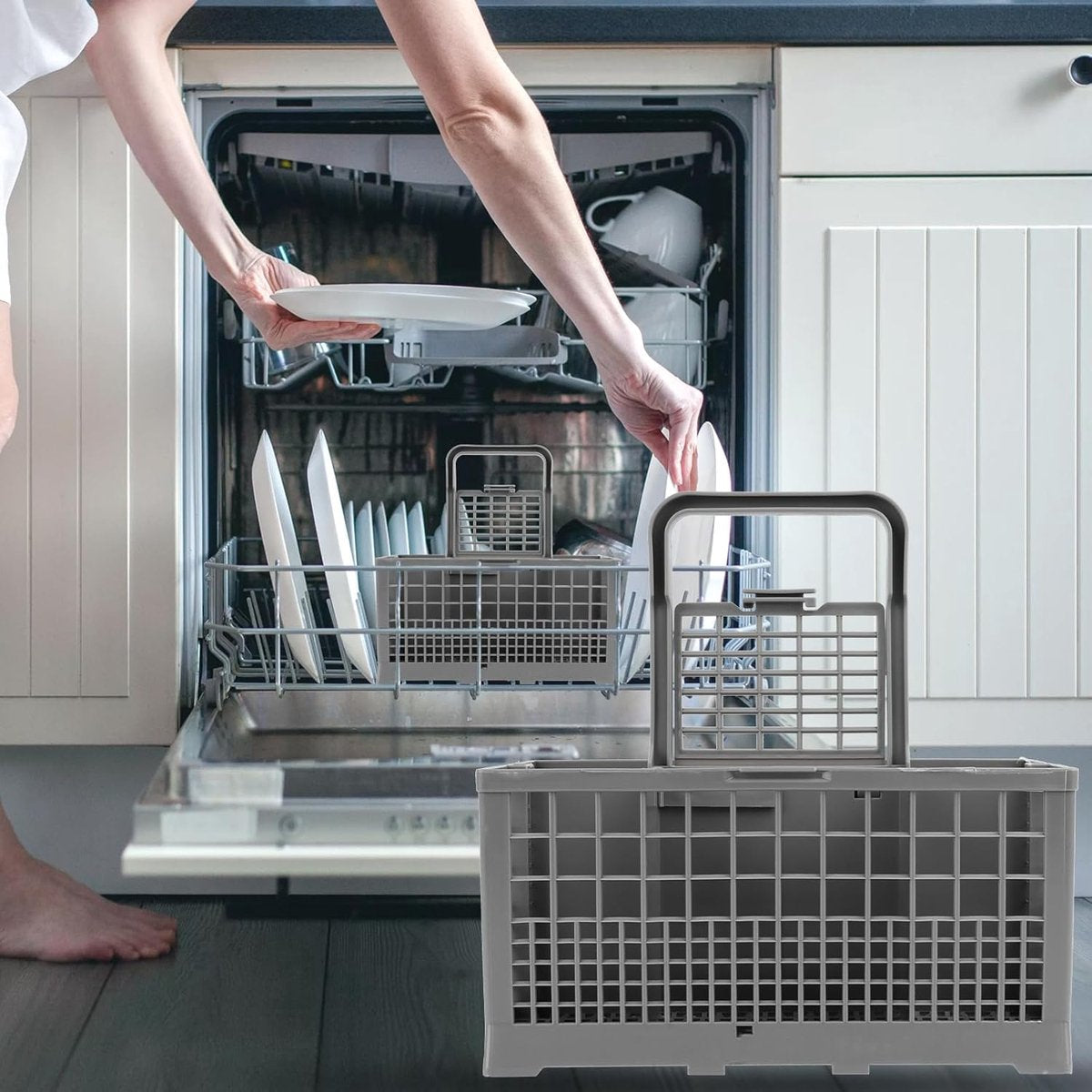 Vaatwasmachinebestekmand, bestekmand voor vaatwasser, bestekmand, stabiele bodem, universeel passend, premium afwasmand met draaggreep voor vele vaatwassers, afneembare handgreep, kunststof, grijs, 24 x 14