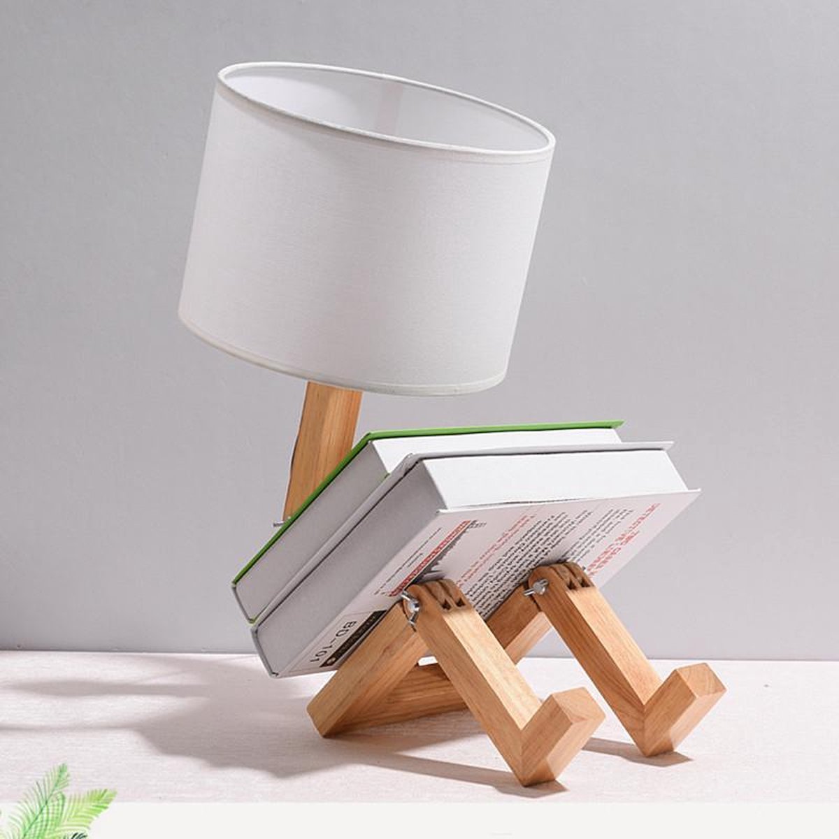 TDR - LED-bureaulamp met boekenhouder - Scandinavisch design - Witte stoffen kap - Houten mannetje met verstelbare gewrichten - Exclusief lichtbron