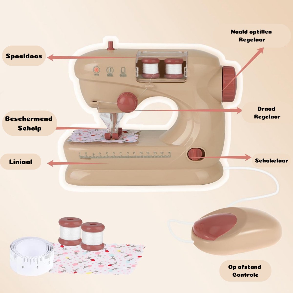 Kindernaaimachine - Naaimachine - Met Voetpedaal - 12,7 x 2,5 x 10,2 CM - Beige