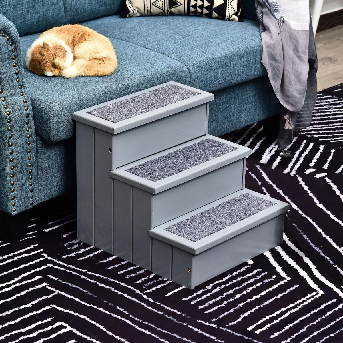 Dog Stairs with Carpet Covering - With Storage Space - Cat Stairs - Small Stairs - Dogs - Cat - Animals - Wood - Grey - 40.5 x 44.5 x 38 cm