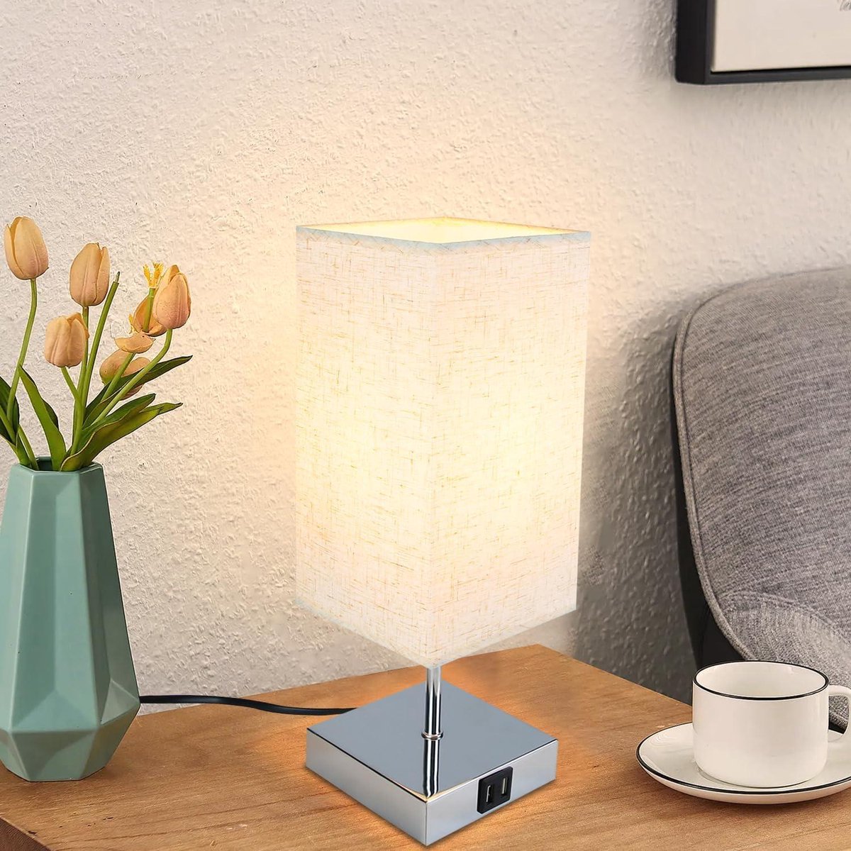 Dimbare Aanraakbare Tafellamp - Warm Wit E27 USB-Oplaadfunctie - Stoffen Lampenkap voor Slaapkamer en Nachtkastje