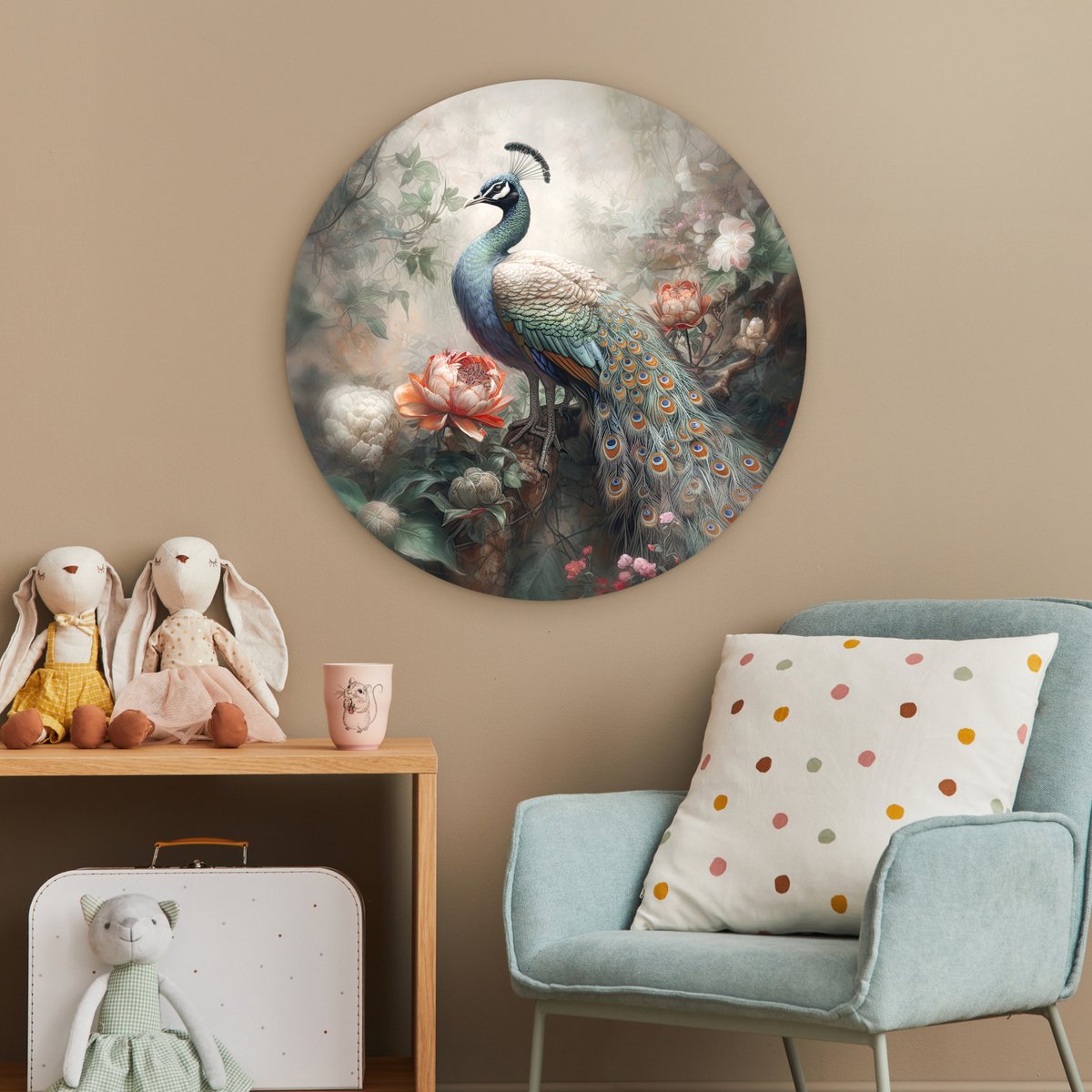 WallCircle® Wandcirkel 60x60 cm - Muurcirkel Pauw - Pauwenveren - Vogel - Bos - Jungle - Bloemen - Muurdecoratie woonkamer - Wanddecoratie slaapkamer - Kamer decoratie accessoires - Ronde schilderijen - Woonaccessoires cirkel binnen