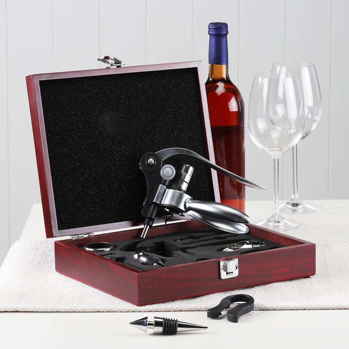 10-Piece Luxury Wine Set - Wine Bottle Accessory Set - Wine Tools - Wine Corkscrew - In Luxury Wooden Storage Box - Gift Set