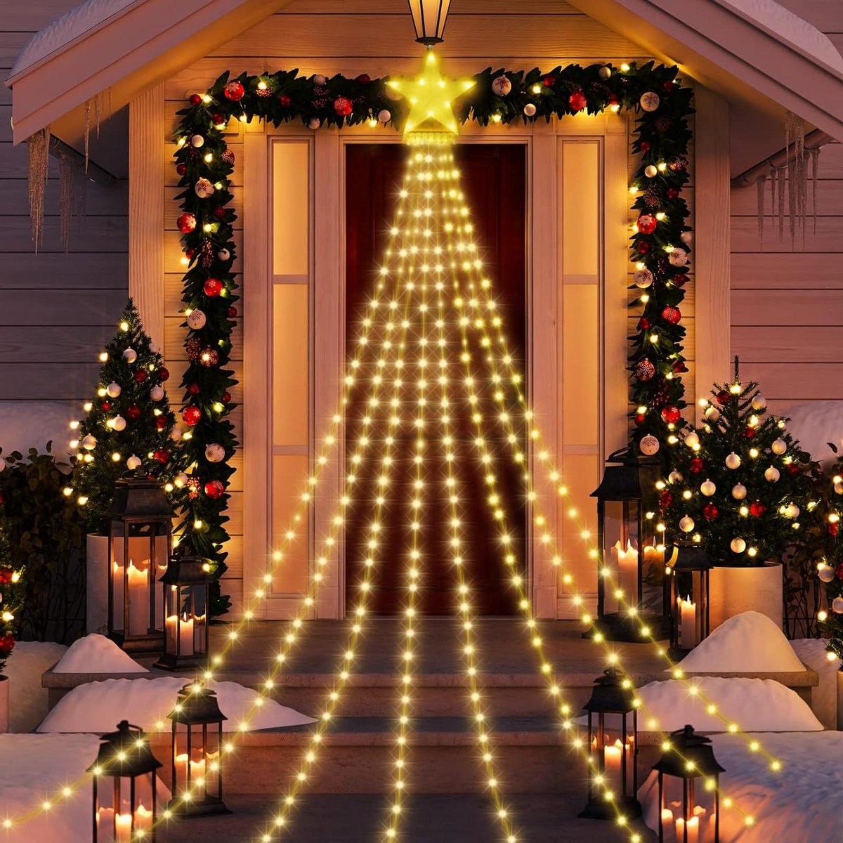 Buiten Kerstverlichting - Kerstboom Verlichting 298 LED's, Ster Sprei Lichtpiramide, 8 Modi, Geheugenfunctie, Timer, IP65 Waterdicht (Warm)