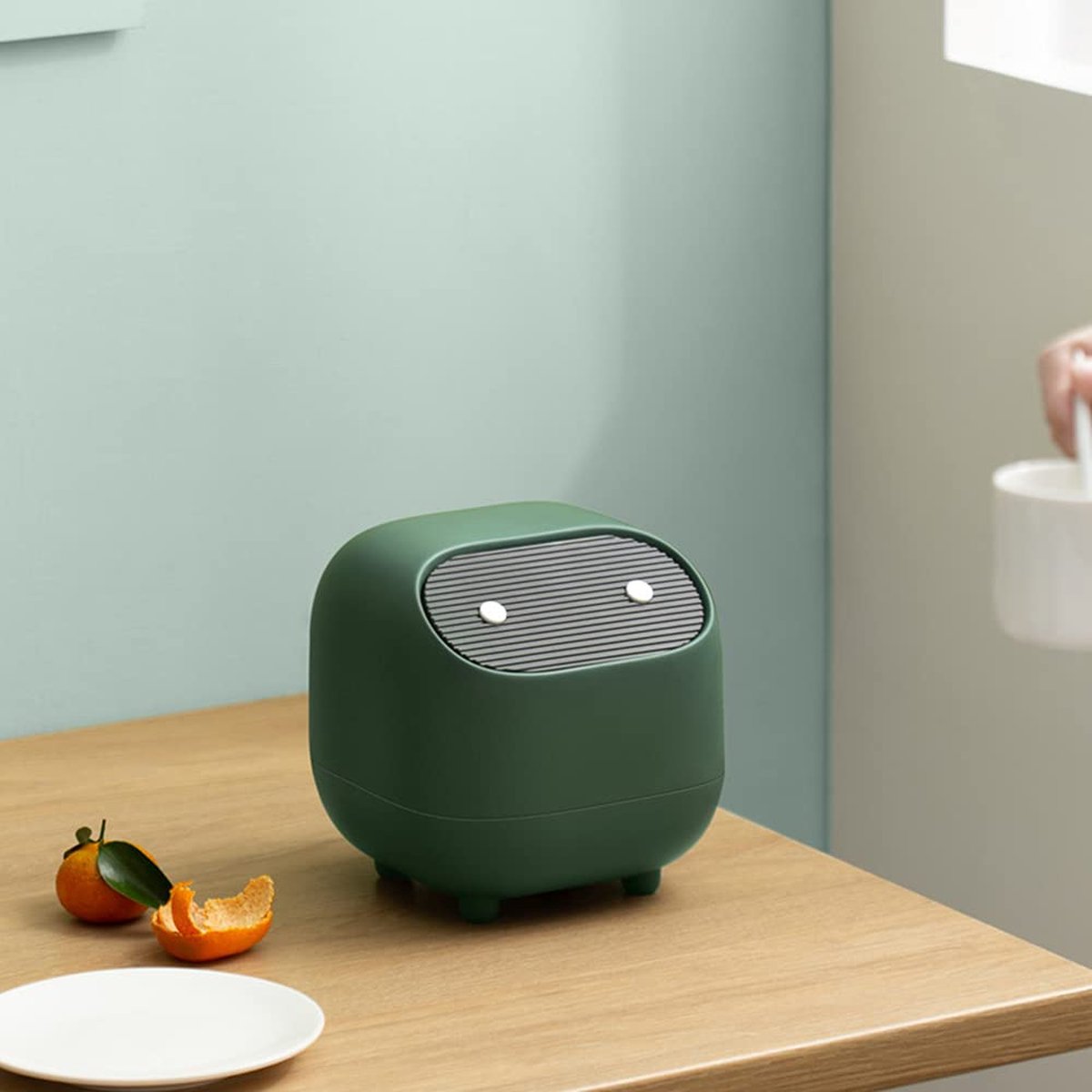 Table Bin, Table Bin with Lid, Double Layer Small Trash Can Small Ninja Shaped Desktop Bin with Sliding Lid, Odor Isolation for Kitchen, Bathroom, Desk