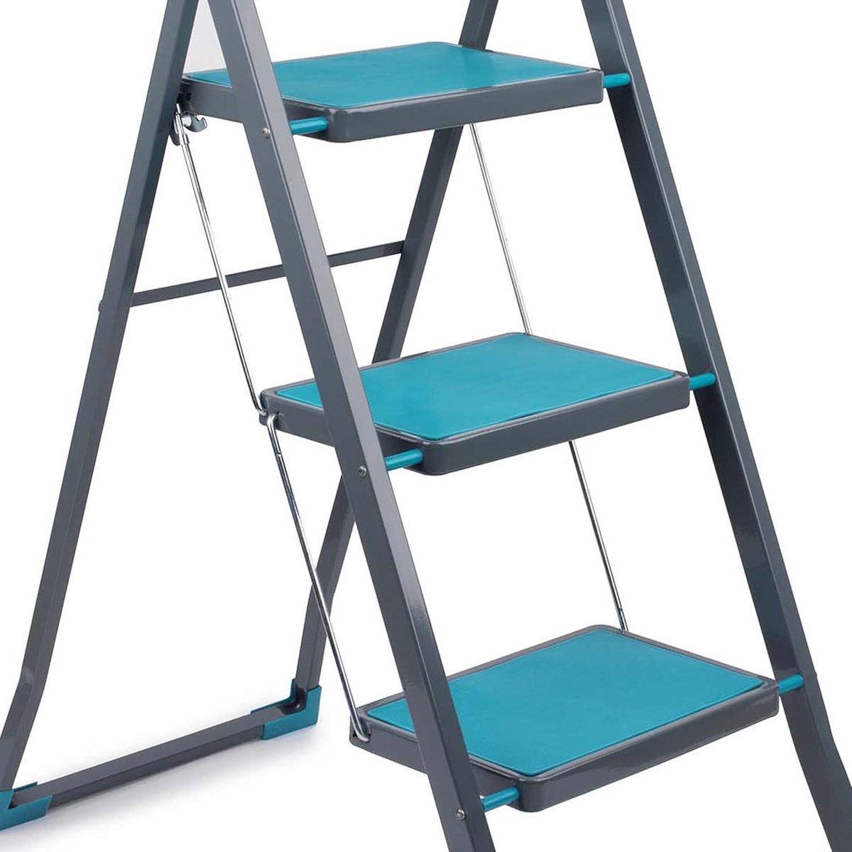 3-step ladder with anti-slip treads - durable and sturdy - for indoor and outdoor use - reach height of approx. 2.5 metres - safety clip - foldable - turquoise/grey ladder