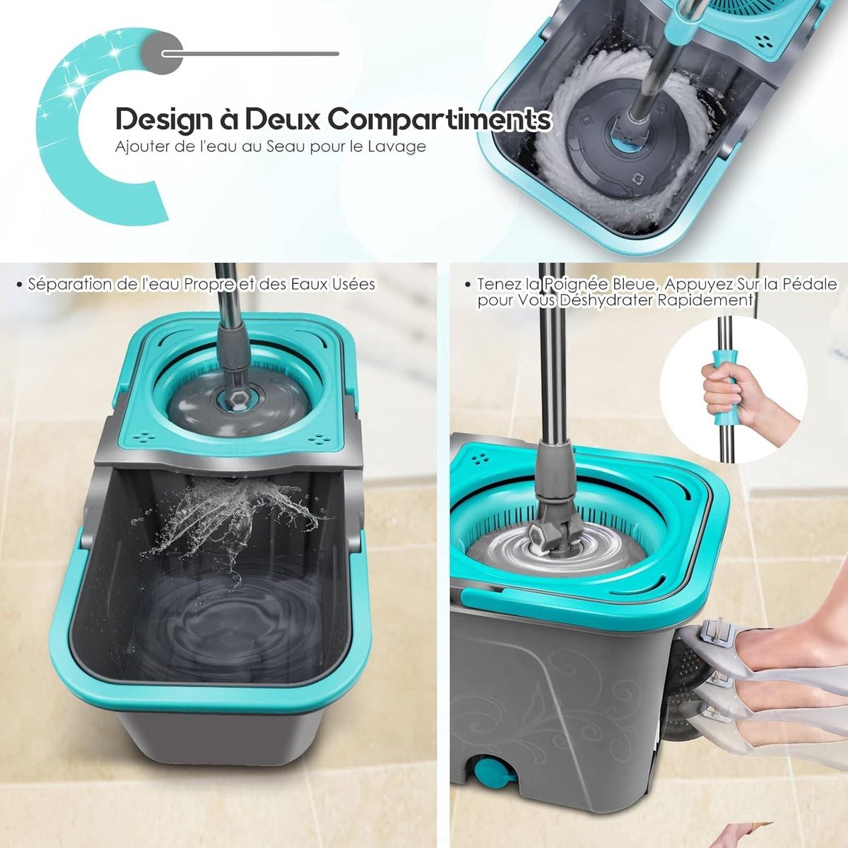 Mop Set - Detachable Two-Compartment Bucket - Foot Pedal Design - Stainless Steel Handle - 6 Mop Heads - Floor Cleaning