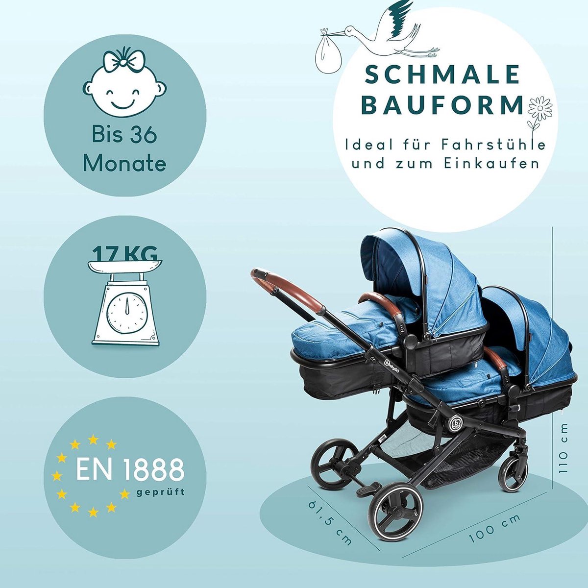 3-in-1 Kinderwagen voor tweelingen - Baby's en kinderwagen voor broers en zussen - Tweelingwagen voor 2 kinderen met accessoires - Blauw melange (exclusief babyzitje) Duokinderwagen