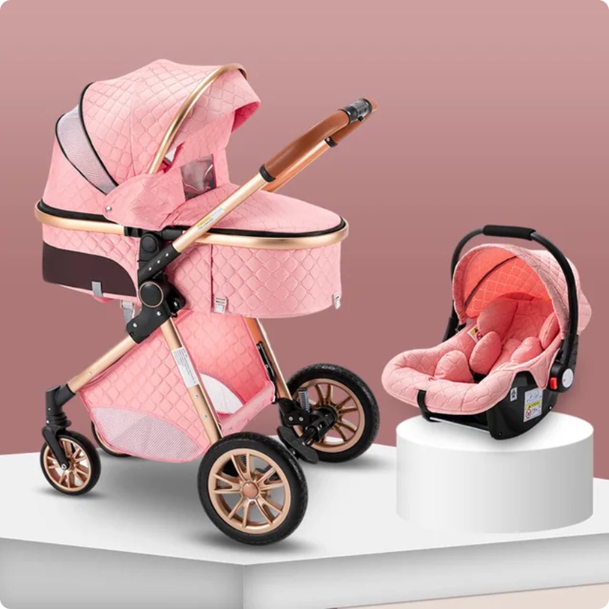 Luxe Multifunctionele 3-in-1 Combi Kinderwagen - Kwalitatieve Buggy - Buggy's - Opklapbare Wandelwagen - Maxi Cosi - Incl. Autostoel - Roze