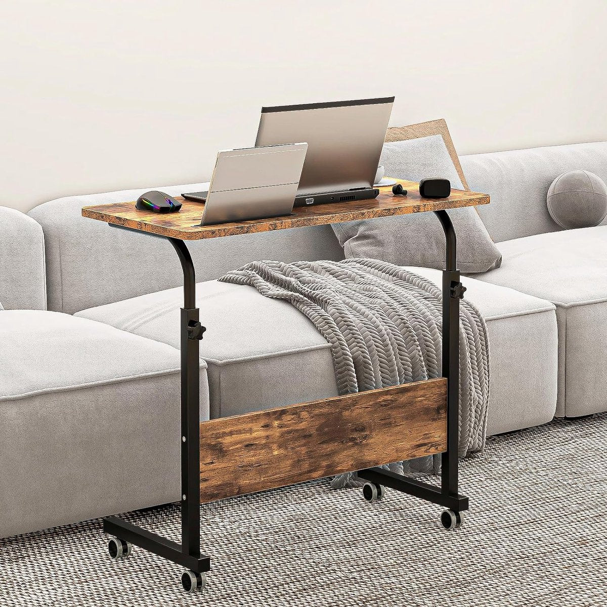 Bureau In hoogte verstelbaar laptoptafel, computertafel met tabletsleuf, 80 x 40 cm, pc-tafel, banktafel, verzorgingstafel, bijzettafel met wieltjes, vintage bruin