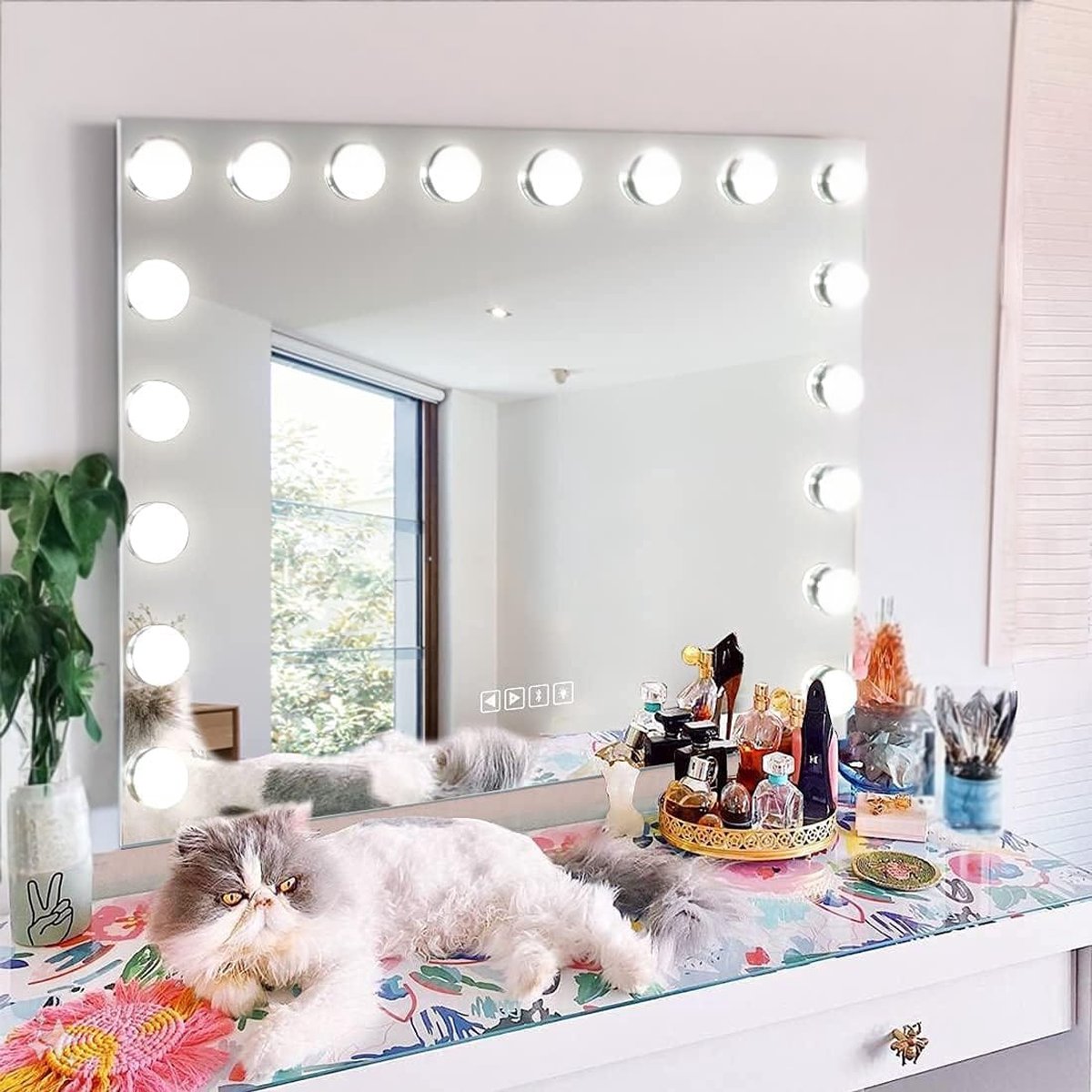 WINKEL YOLO-spiegel met verlichting - Bluetooth Make-up Spiegel met verlichting 18 LED-lamp Dressoir Spiegel Hollywood Spiegel met USB oplaadpoort 3 kleurtemperaturen