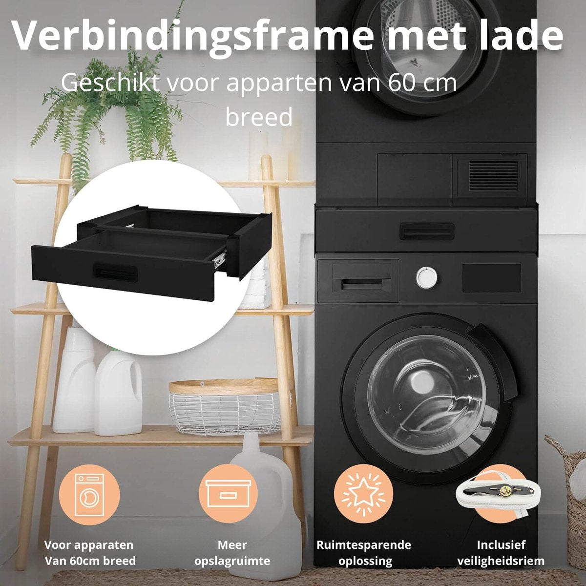 Universal Stacking Kit Washing Machine Dryer With Drawer Black 60.5x54x15 - Intermediate Piece Washing Machine Dryer For A Tidy Laundry Room