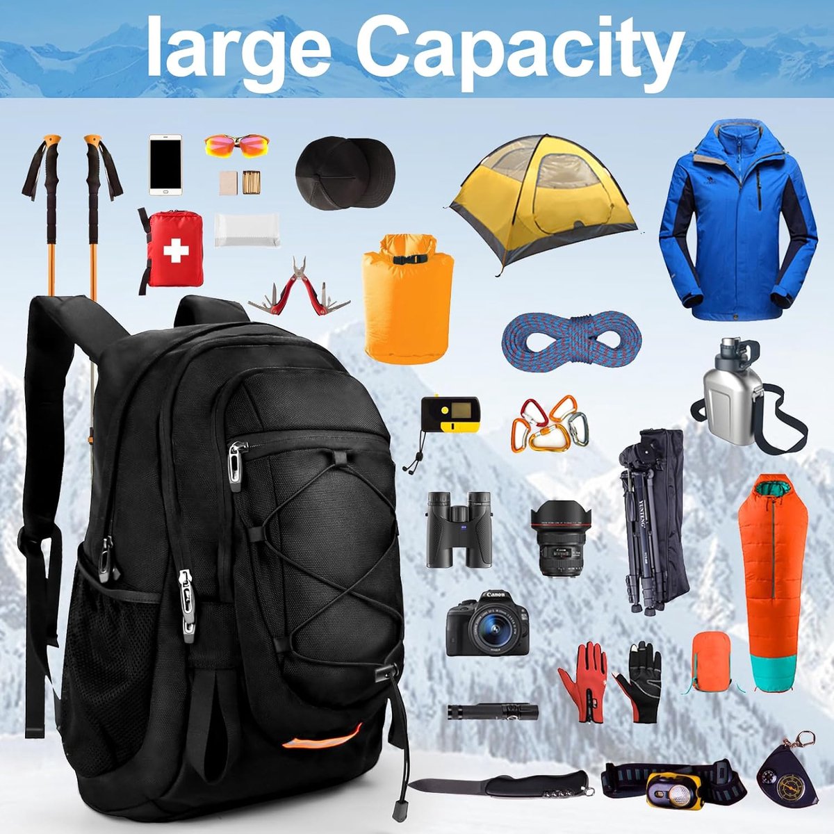 Backpack for men, 40 litre, hiking backpack, trekking backpack, waterproof travel backpack, unisex, adults, water-resistant, outdoor backpack for climbing, camping, horse riding, travel, Black 40L