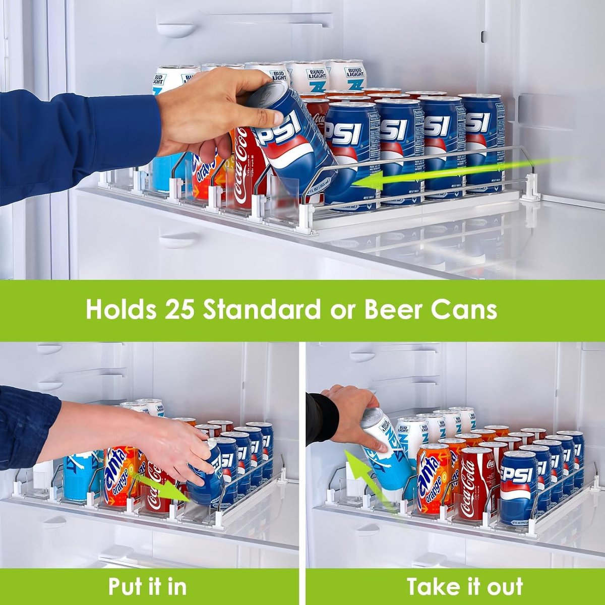 Self-sliding can organizer, refrigerator organizer, can dispenser, refrigerator, automatic refrigerator organizer with adjustable width, for drinks, beer, soda (holds 25 cans, white)