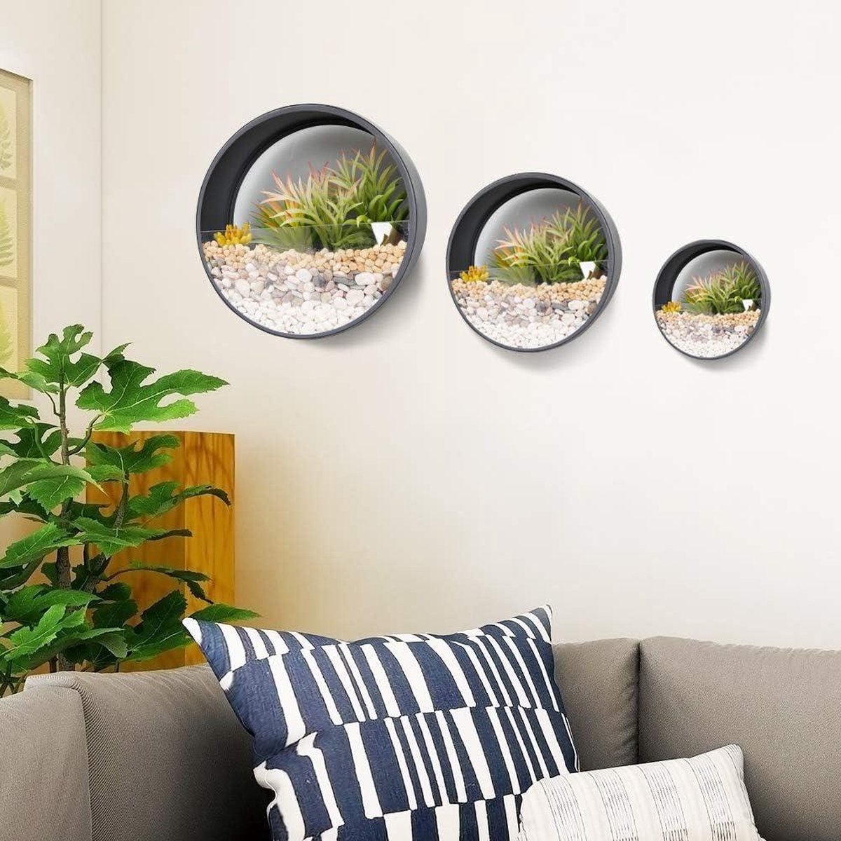 Plantenbak - Set van 3 metalen ronde plantenbakken voor aan de muur, hangende muurvaas, bloempot voor binnen woondecor benodigdheden voor planten, cactus, vetplanten, sappig mos donkergrijs - hangend - 10 cm dik
