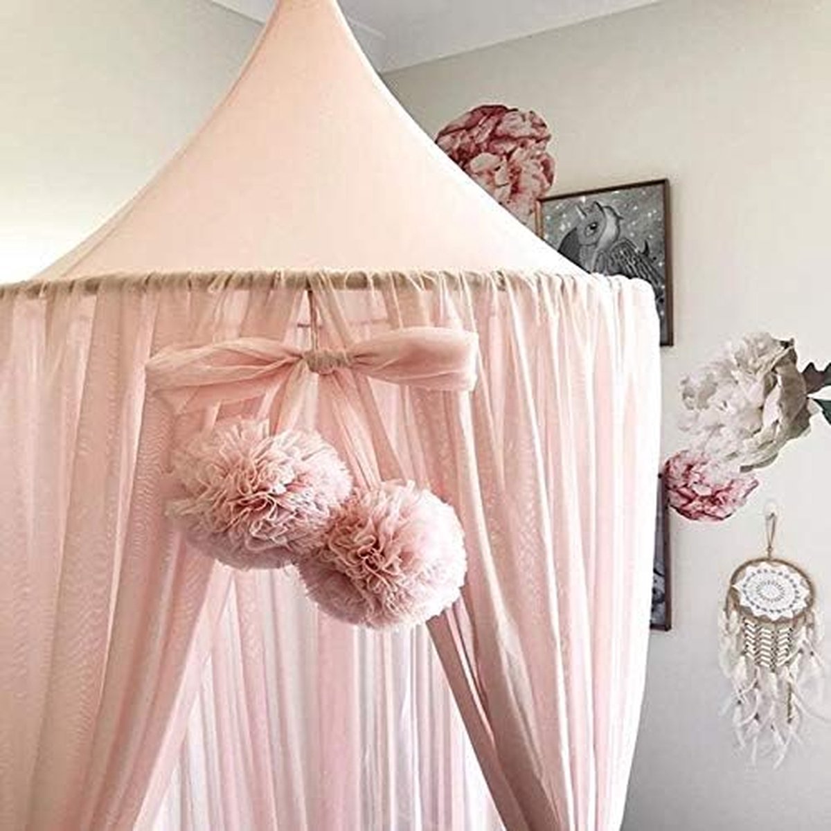 Pink mosquito net for children's bed canopy, baby bed baldachin, princess mosquito net, decoration height 300 cm with star decoration & 40 star lights, two pairs of flower balls