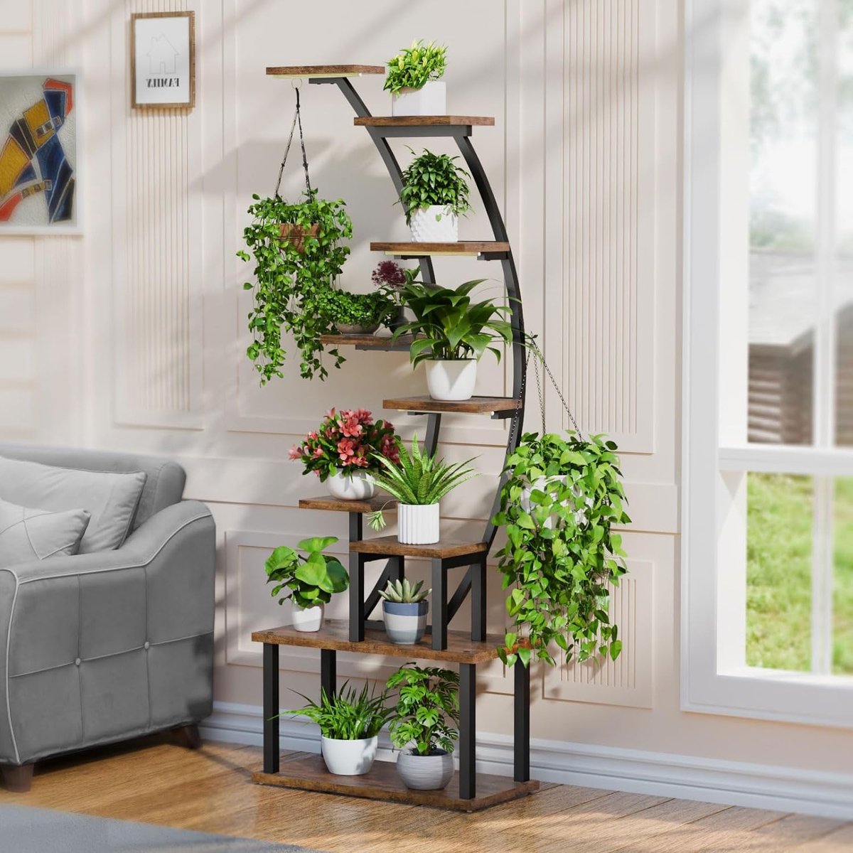 Indoor Plant Stand: 9-tier Metal Plant Rack, 160 cm High, Room for Multiple Houseplants, Corner Flower Stand for Living Room, Patio, Metal/Wood, Black
