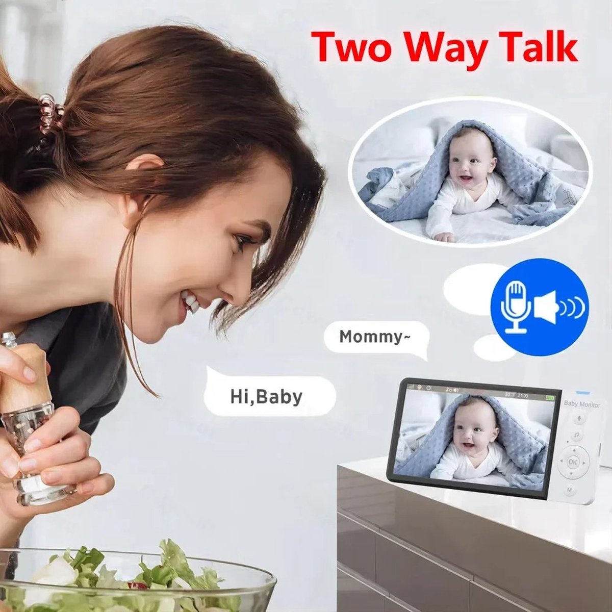 Eszenzics™ Babyfoon - Draadloos - 5 inch LED scherm - HD 1080p - 2-weg communicatie - Infrarood nachtzicht - Muziek - Uitbreidbaar met extra camera - Tot 200m'