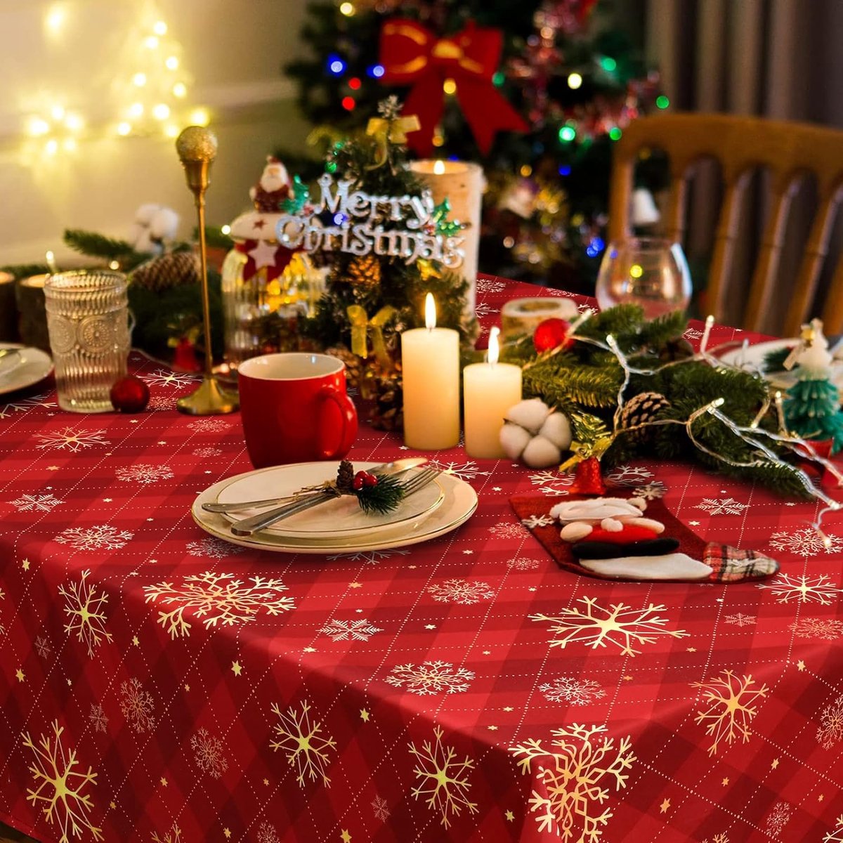 Rood kersttafelkleed, gele sneeuwvlokken, geruit, rechthoekig, waterdicht lotuseffect, afwasbaar tafelkleed voor vakantie, eettafel, winter, party, 130 x 220 cm