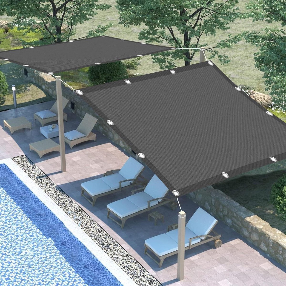 Waterdicht rechthoekig zonnezeil - 15 x 2 meter - schaduwnet - bevestigingskoord - zonwering - balkon terras tuin