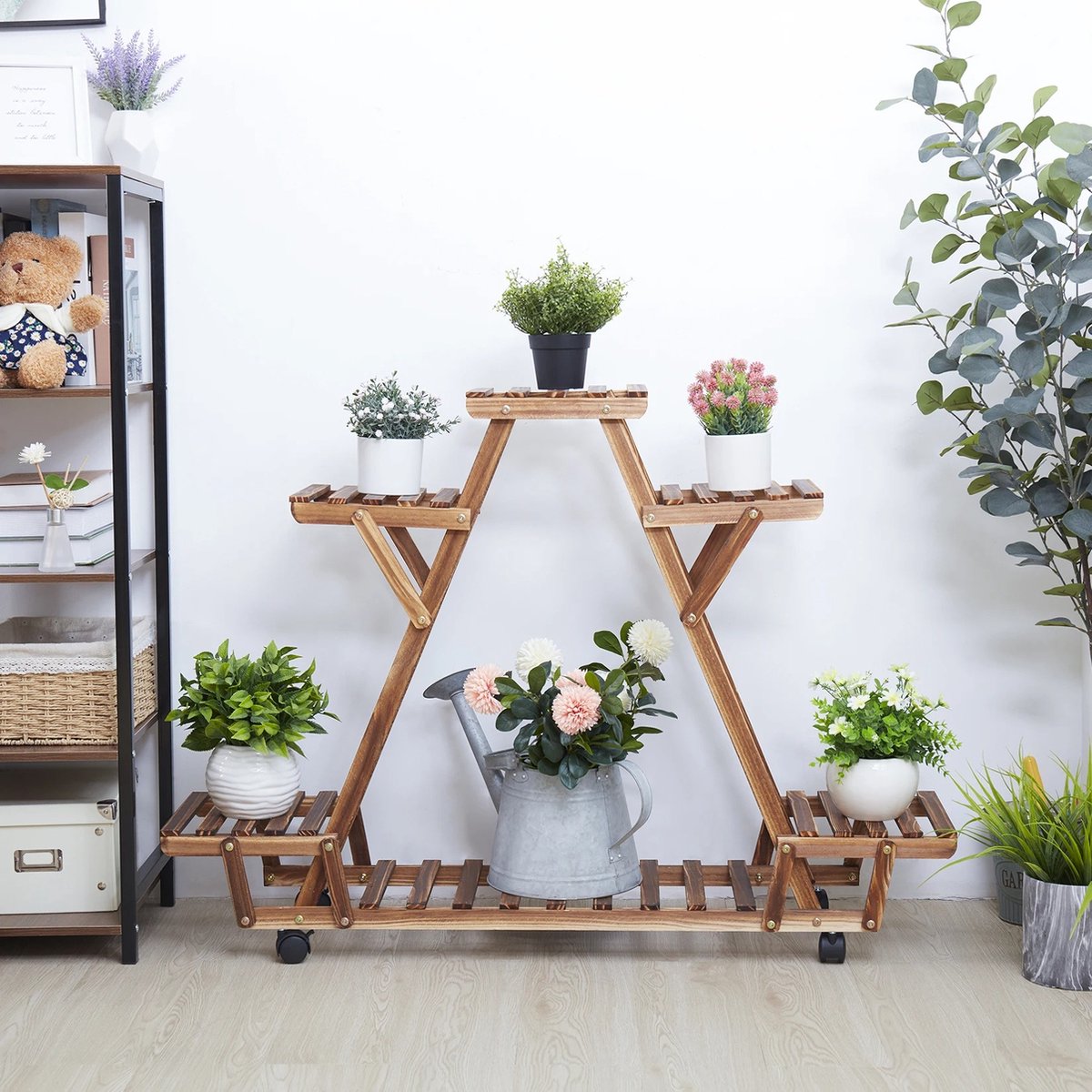 Plantenrek op wielen - Wandrek - Planten - Driehoekig - Ladderkast - 6 Planken - 6 Lagen - Hout - Binnen/buiten