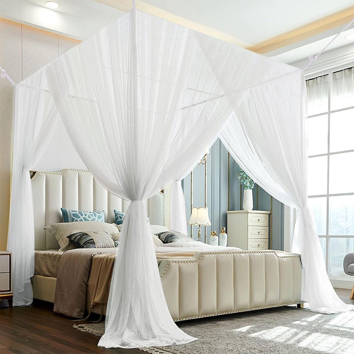 Double Bed Mosquito Net with 4 Opening Rectangular Mosquito Nets - Fine Mesh Square Mosquito Net - 240 x 210 x 190 cm - White
