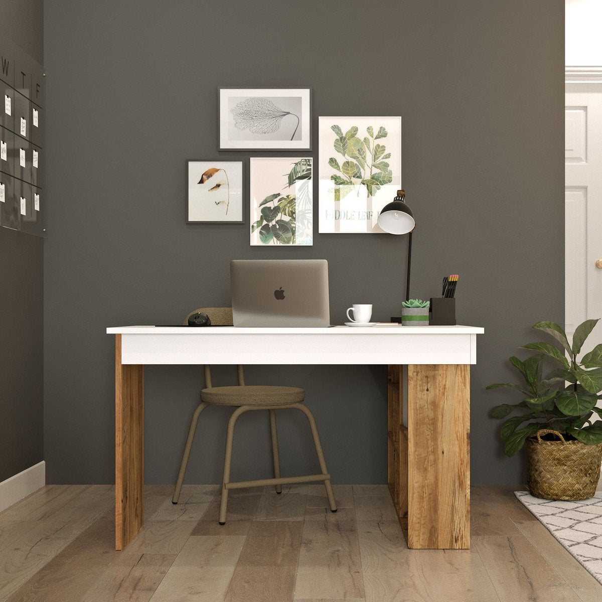 Hoekbureau met opbergruimte - Wit en naturel - LILEUL B 129 cm x H 72 cm x D 120 cm