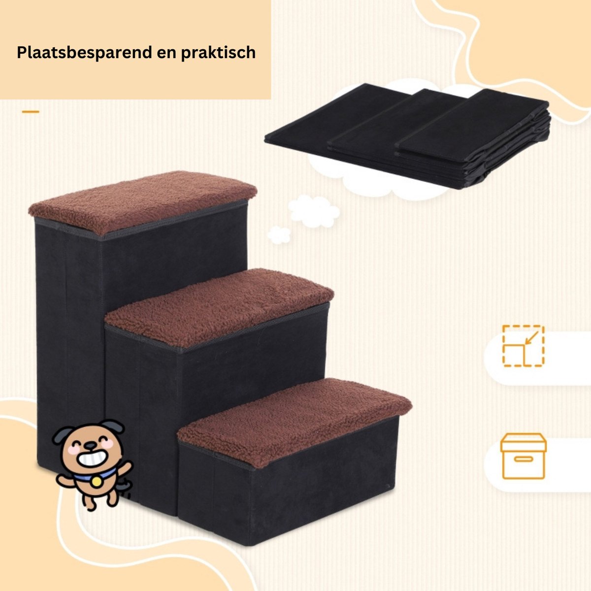 Dog steps with 3 steps - Cat steps - Pet steps - Steps - Stool - Black 40 x 54 x 48 cm