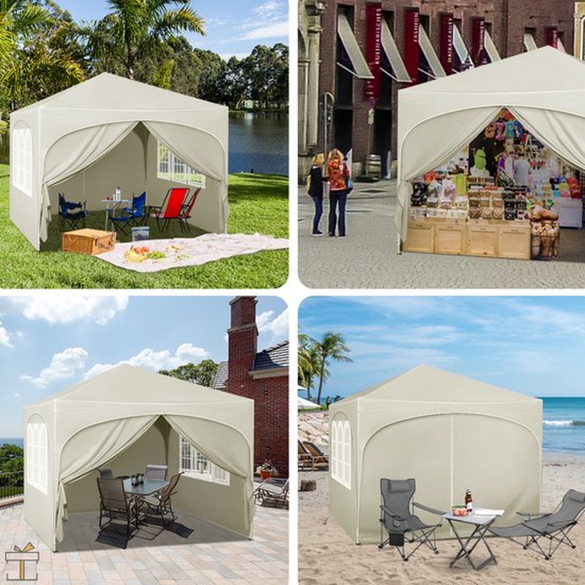 vanBoni - Partytenten - Partytent opvouwbaar - Partytent easy up met zijwanden - Waterdicht en Weersbestendig - 3x3 m - Beige