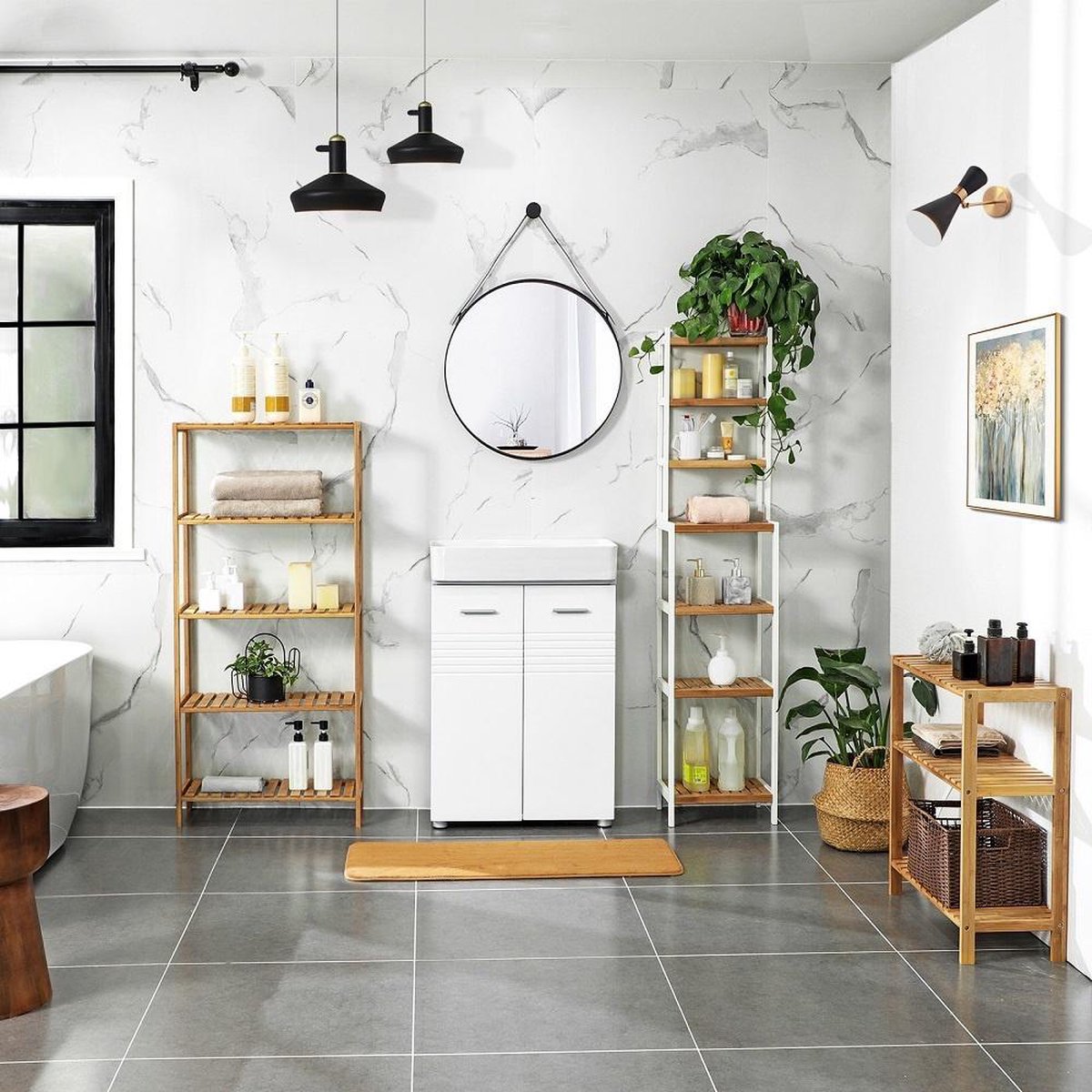 Bamboo Wooden Storage Rack - As an open bathroom rack, shoe rack or kitchen rack - Storage cabinet with 5 adjustable levels / shelves - Rack for bathroom, kitchen and hall - 60 cm wide - Decopatent®