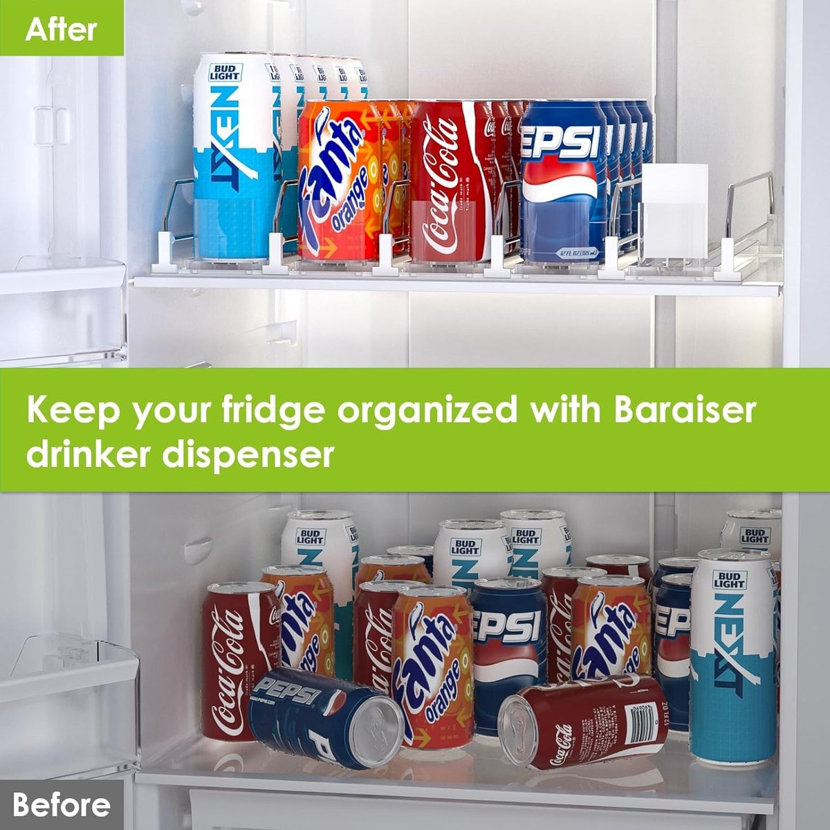 Self-sliding can organizer, refrigerator organizer, can dispenser, refrigerator, automatic refrigerator organizer with adjustable width, for drinks, beer, soda (holds 25 cans, white)