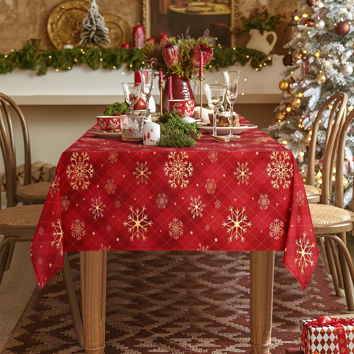 Rood kersttafelkleed, gele sneeuwvlokken, geruit, rechthoekig, waterdicht lotuseffect, afwasbaar tafelkleed voor feestdagen, eettafel, winter, feest, 130 x 220 cm