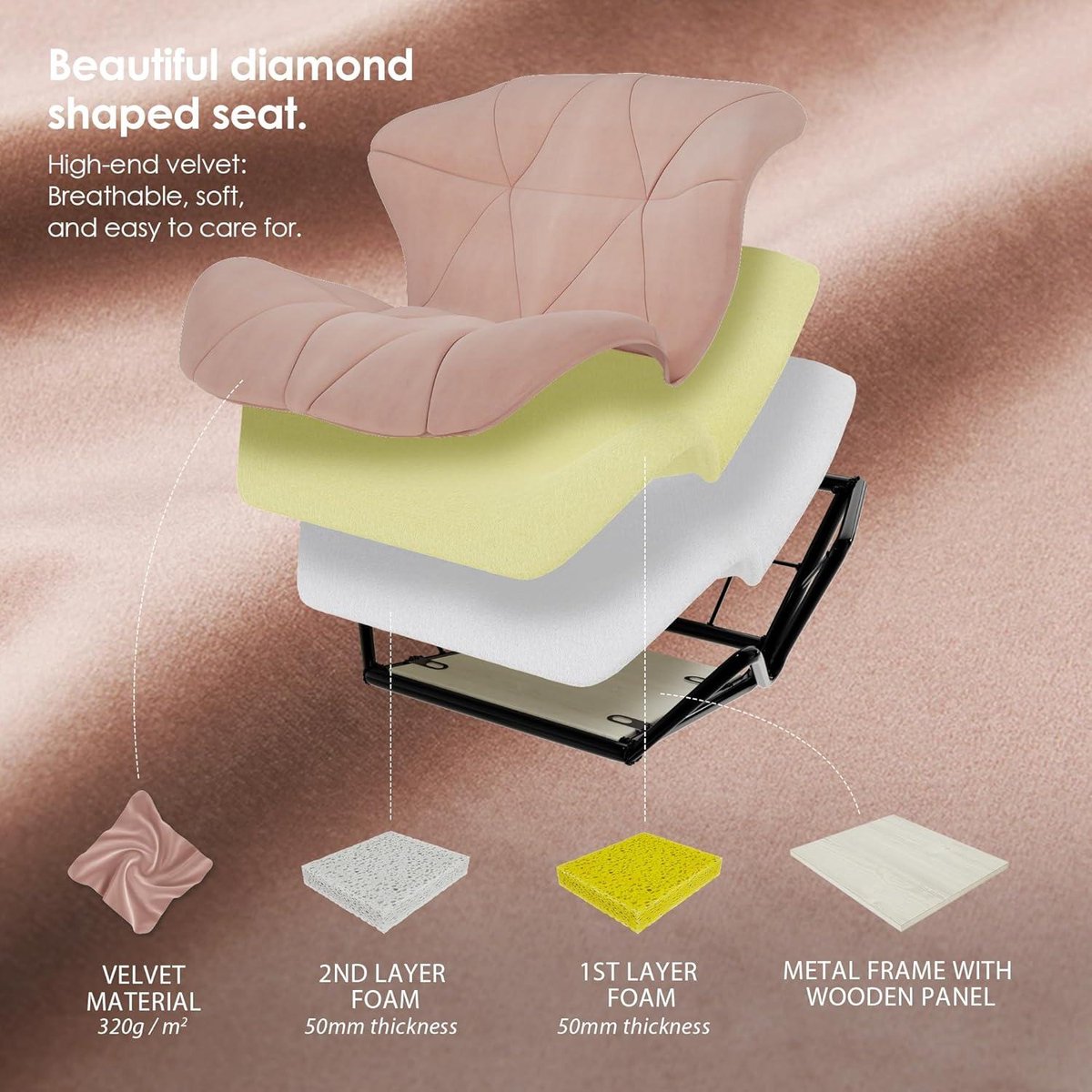 Modern Quilted Pink Velvet Eris Swivel Fabric Home Office Desk Computer Chair - Height Adjustable
